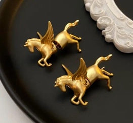 3D Pegasus Stud Earrings - Matte Gold