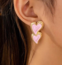 Pink Double Heart Drop Earrings