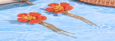 Orange Raffia Flower Tassel Earrings