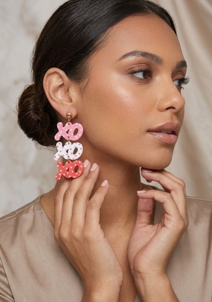 Triple tiered XOXO heart pattern statement earrings
