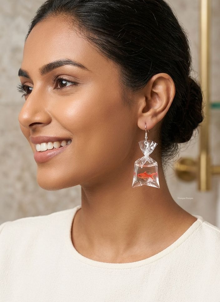Miniature goldfish in a bag earrings