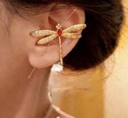 Textured Dragonfly Ear Cuff - Red Stone