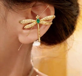 Textured Dragonfly Ear Cuff - Green Stone