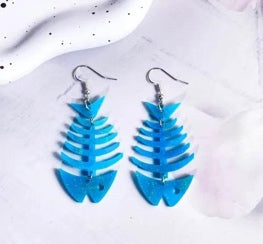 Blue Fishbone Drop Earrings