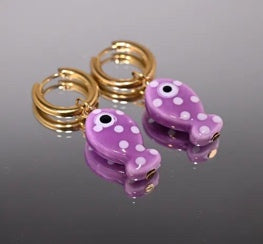 Purple Polka Dot Fish Hoop Earrings