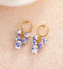 Blue Floral Bead Hoop Earrings