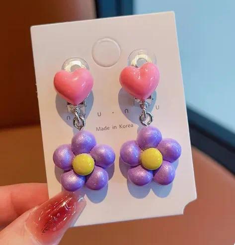 Purple Flower Heart Ear Clips