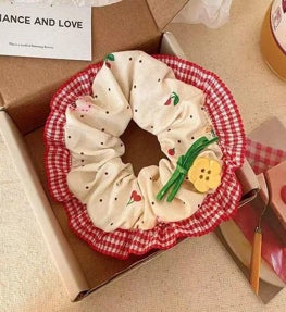 Cherry Gingham Button Scrunchie