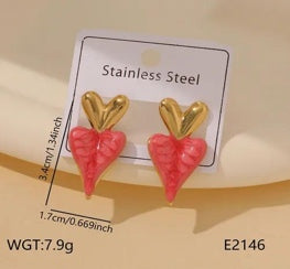 Coral Pink Heart Leaf Stud Earrings