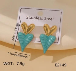 Teal Heart Leaf Stud Earrings
