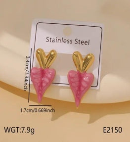 Pink Heart Leaf Stud Earrings