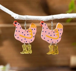 Pink Chicken Boots Dangle Earrings