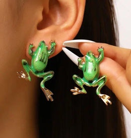 Green Enamel Frog Stud Earrings