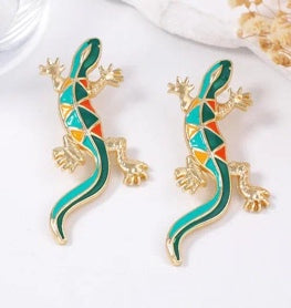 Green Gecko Geometric Stud Earrings