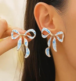 Blue Floral Bow Stud Earrings