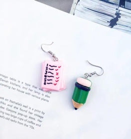 Pink Notebook Pencil Mismatched Earrings