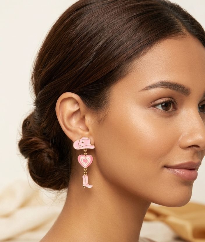 Pink cowgirl hat & boot tiered statement earrings