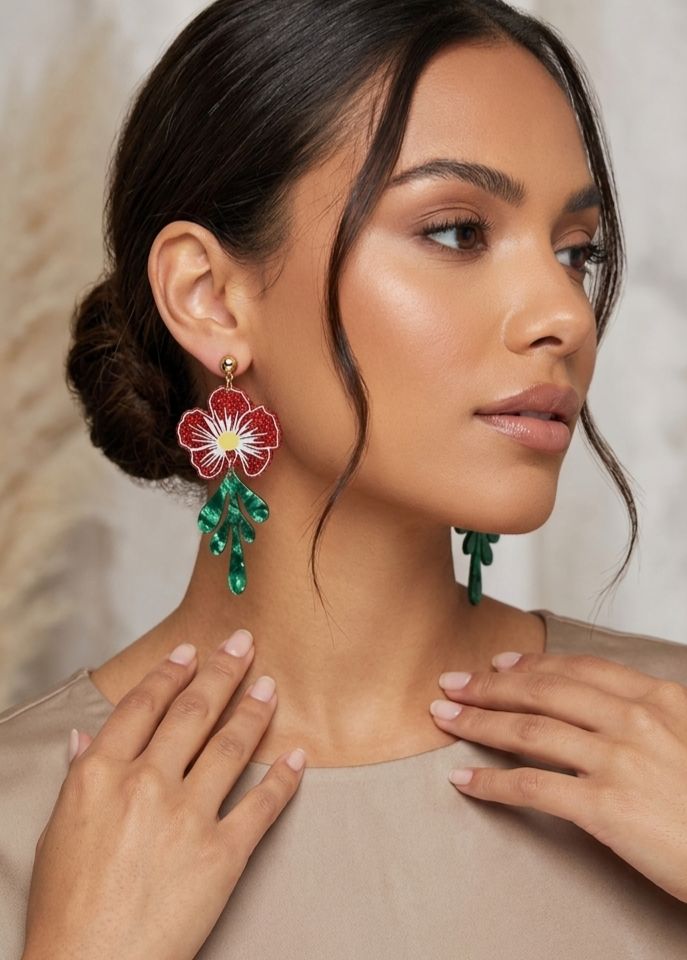 Glitter hibiscus & marbled leaf statement earrings