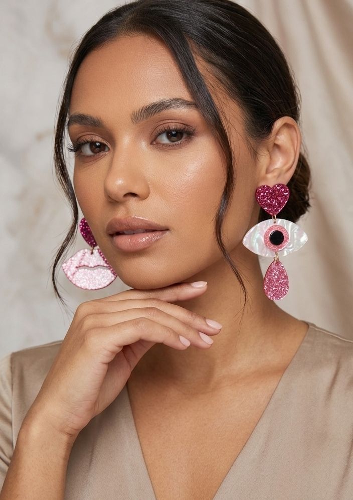 Glitter asymmetric eye & lips statement earrings