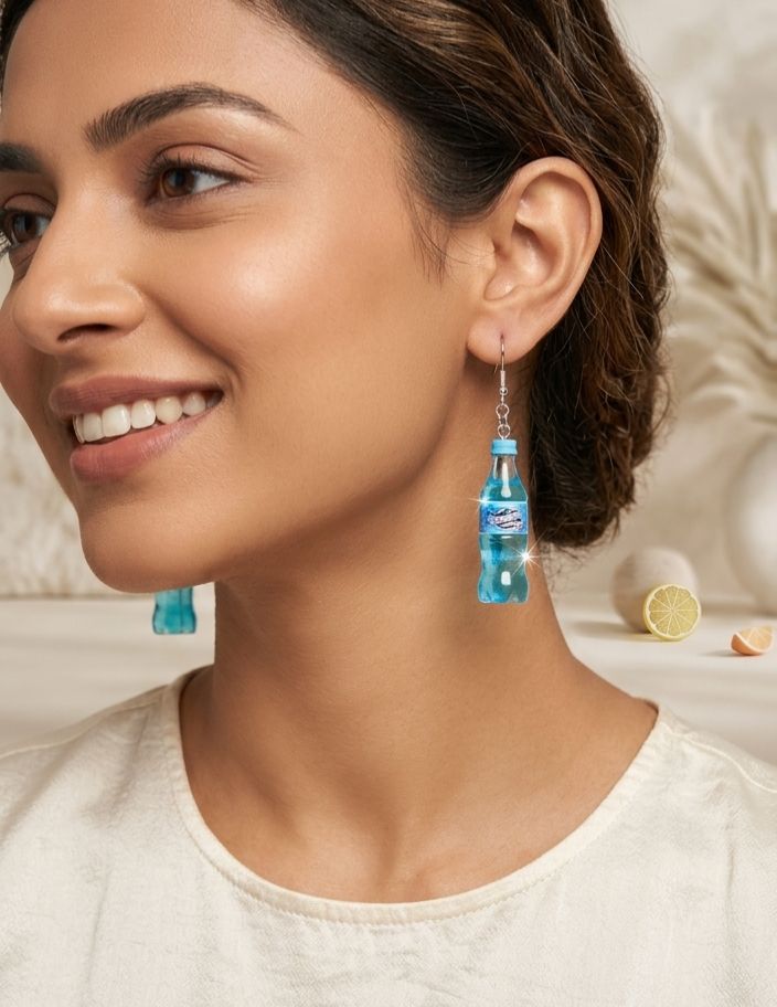 Miniature blue Fanta bottle earrings