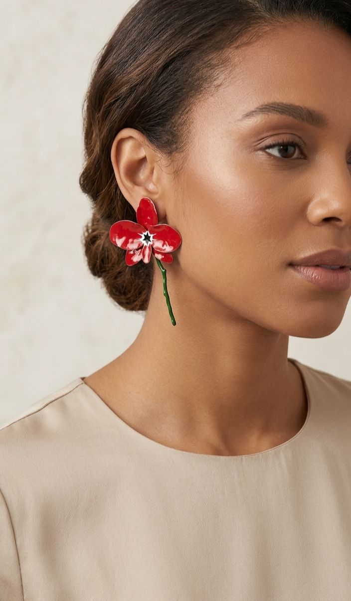 Red orchid flower statement earrings