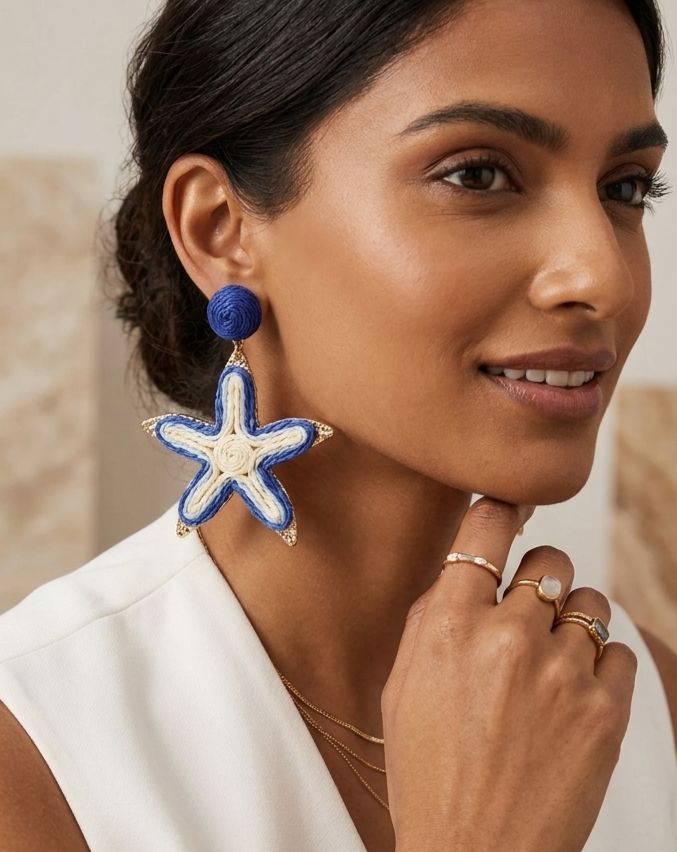 Woven raffia starfish statement earrings