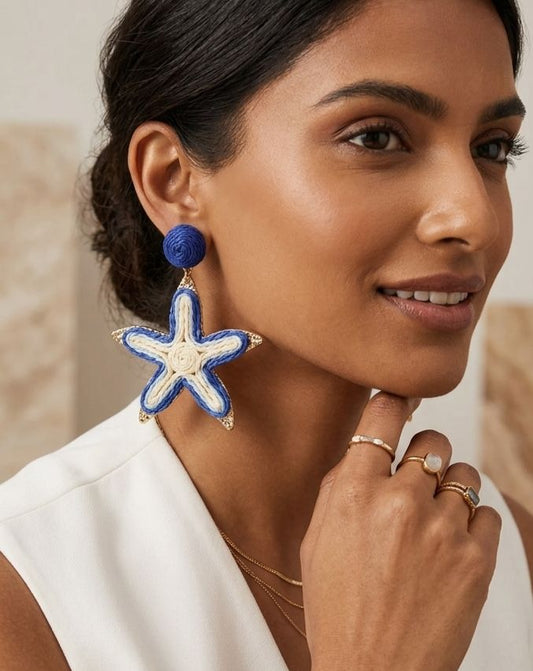 Woven raffia starfish statement earrings