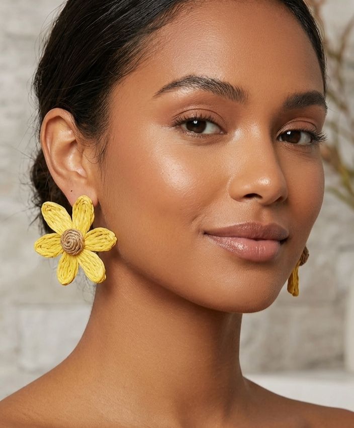 Woven raffia sunflower statement earrings