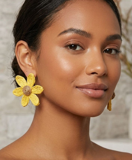 Woven raffia sunflower statement earrings