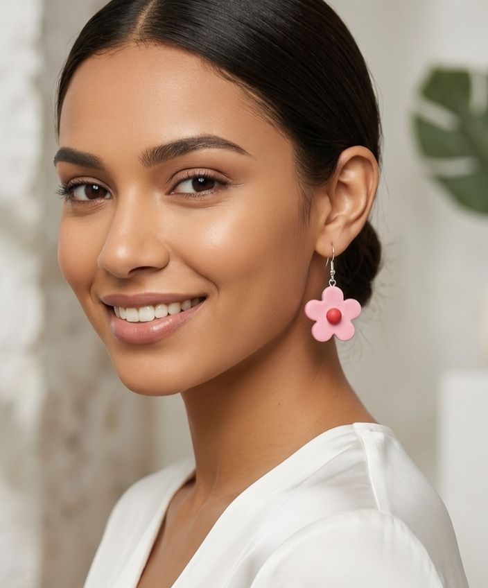 Pastel pink clay flower earrings