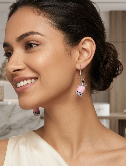 Miniature pink boba tea cup earrings
